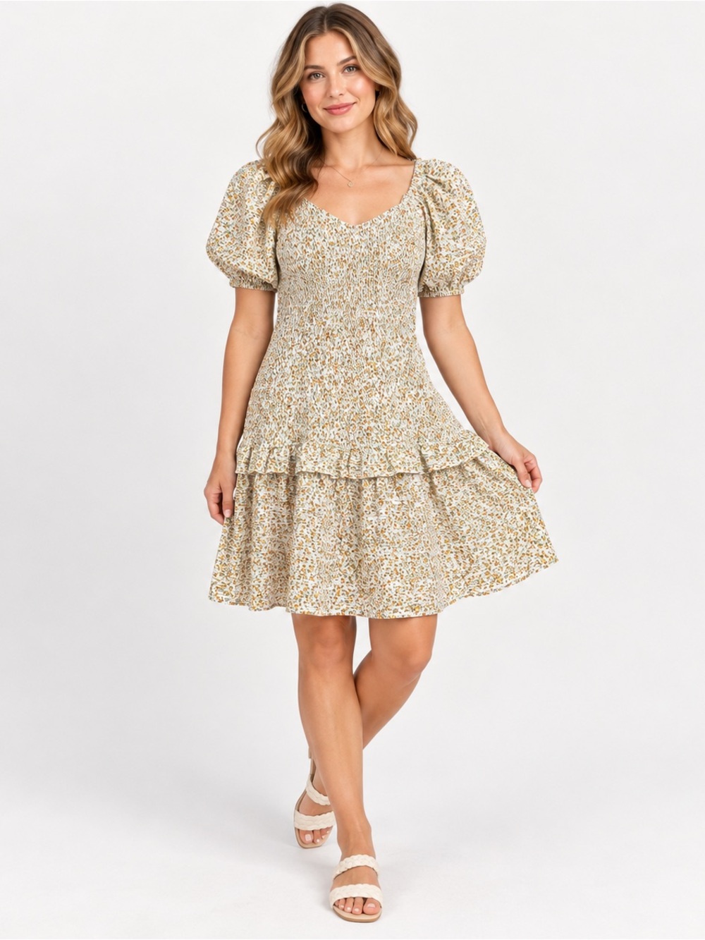 Promesa Women’s Small Floral Smocked Puff Sleeve Ruffle Mini Dress NWOT